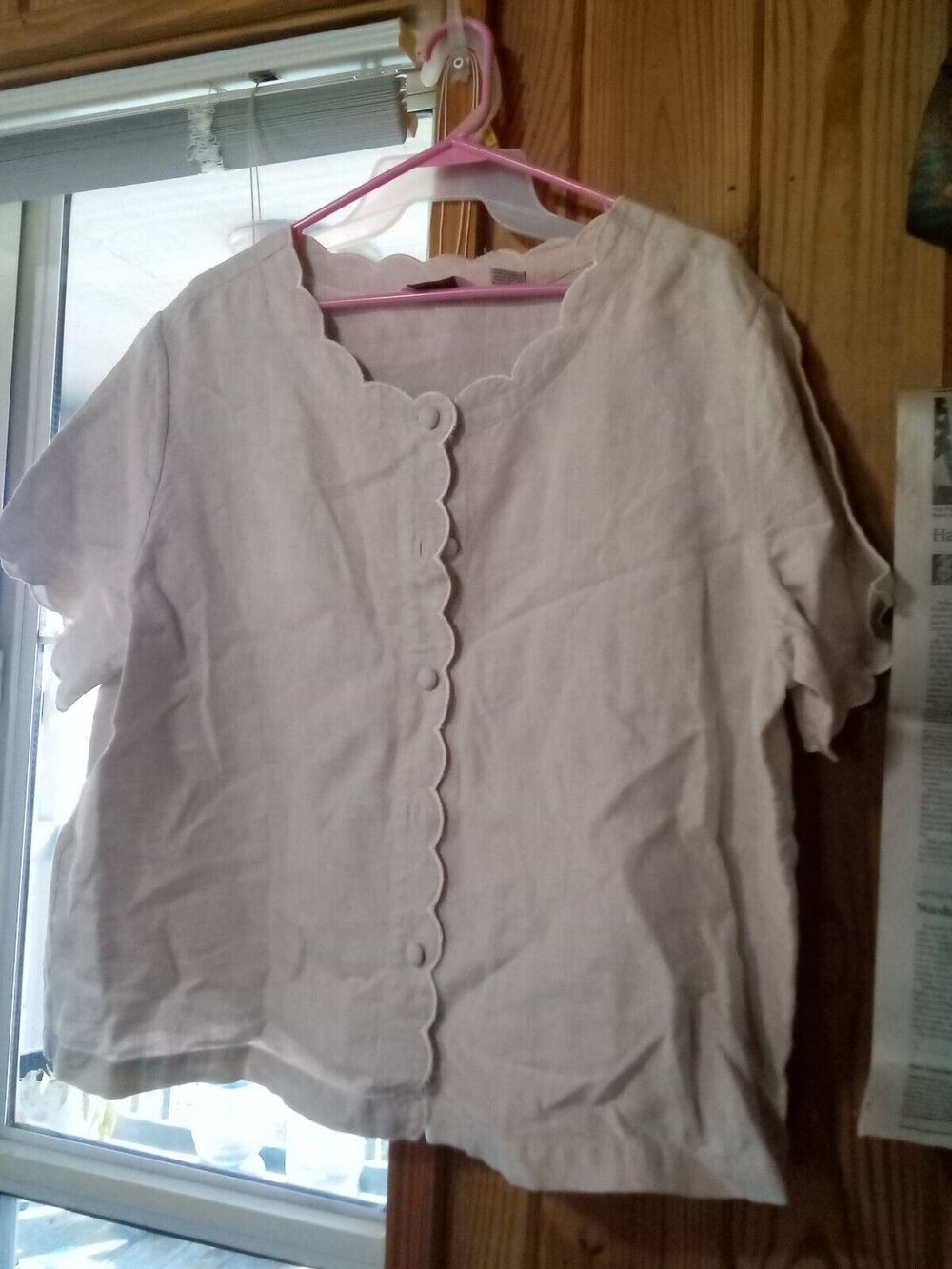 Orvis Button Up Short Sleeve Top XL Linen Ivory Scalloped